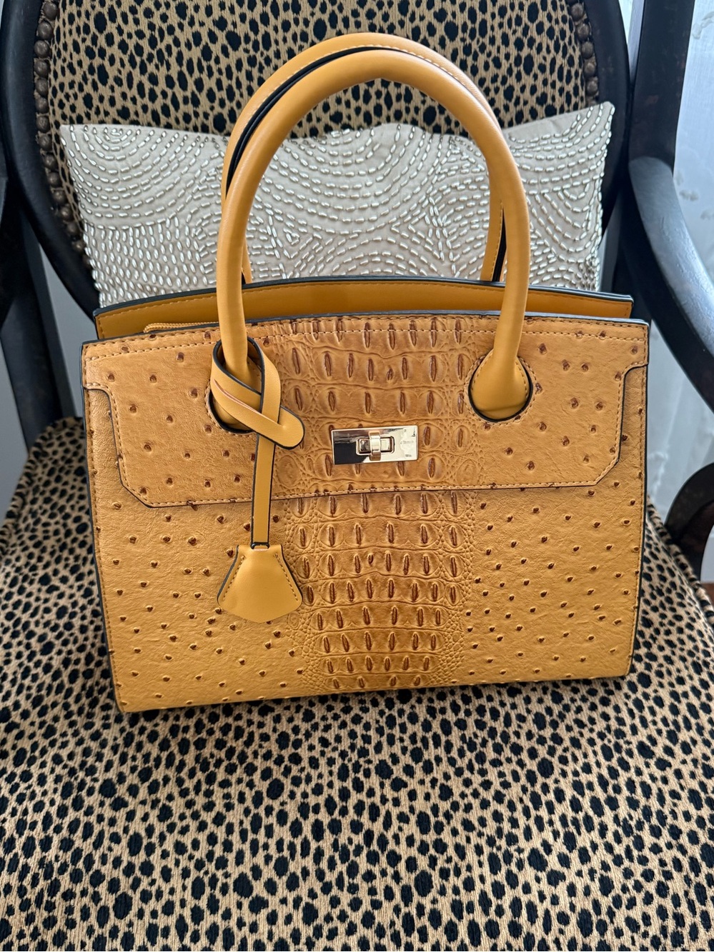 Stunning Ostrich-Embossed Structured Satchel Vegan Handbag